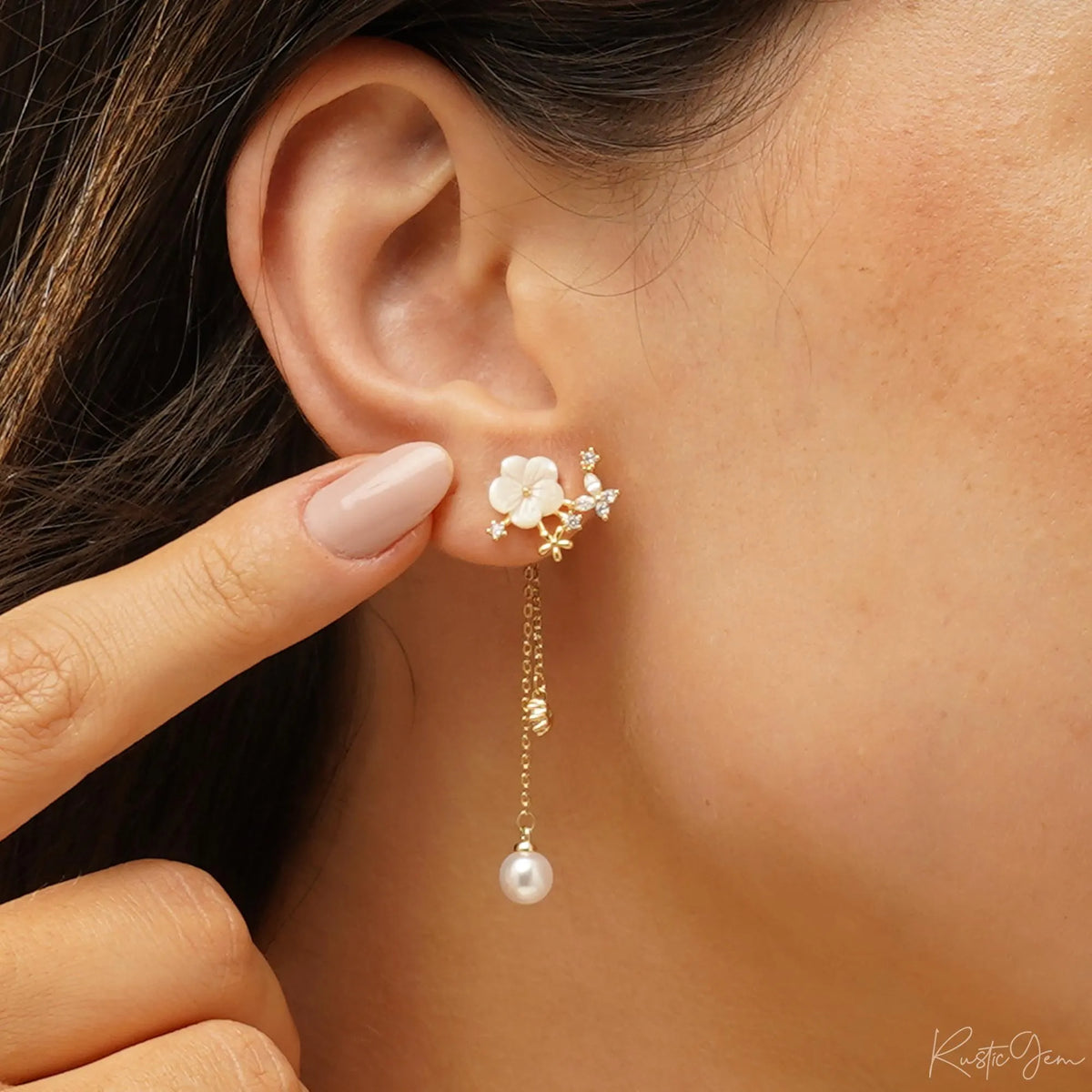 Natural Pearl Flower Dangle Earrings, Dainty Pearl Earrings, Drop Pearl Earrings, Wedding Earrings, Bridesmaid Gift, Bridesmaid Gift for Her