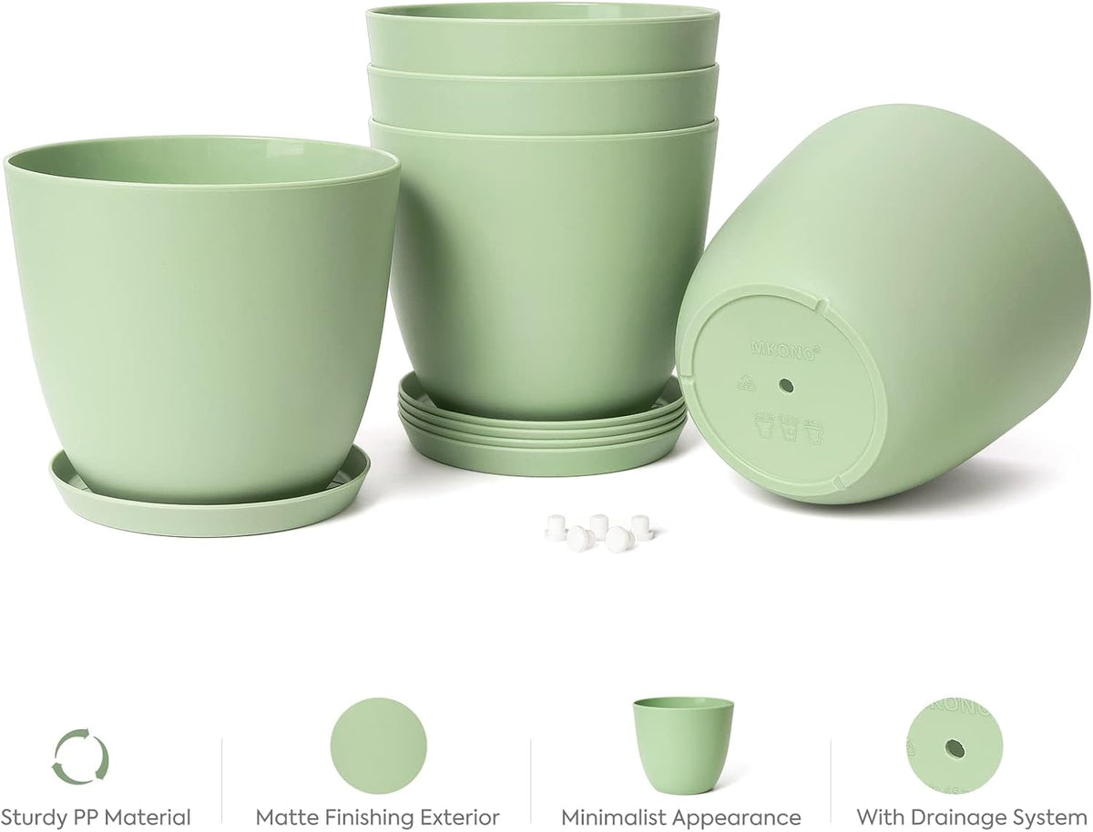6.5" Plastic Plant Pots for Plants with Saucers, Indoor Set of 5 Plastic Planters Modern Flower Pot with Drainage Hole for All House Plants, Herbs, Flowers, and Seeding Nursery, Maccha