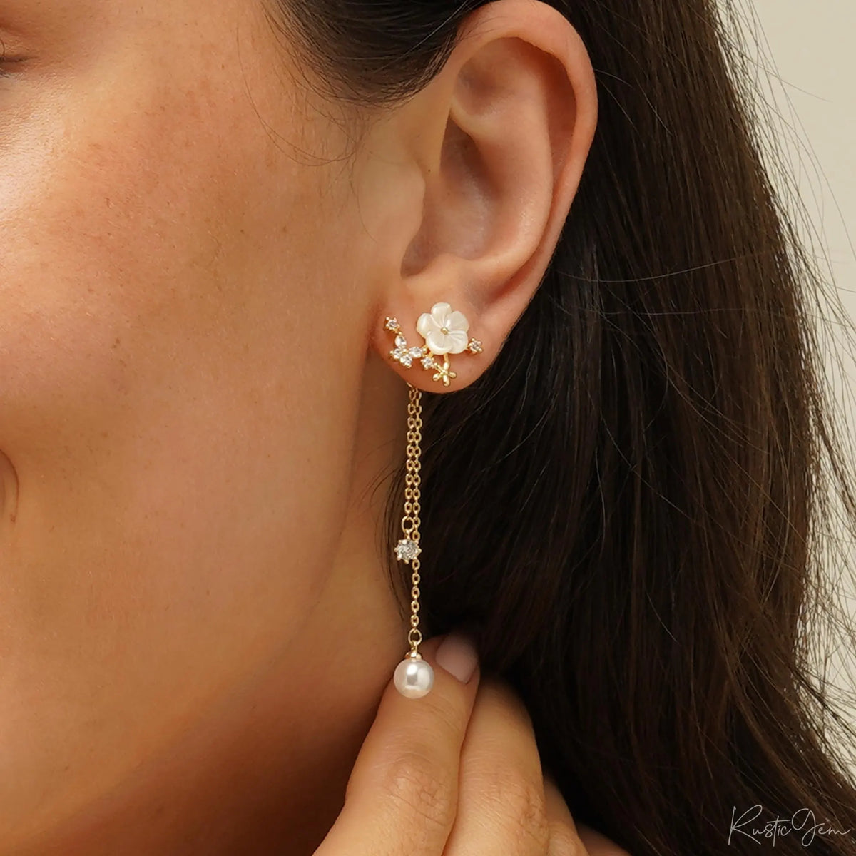 Natural Pearl Flower Dangle Earrings, Dainty Pearl Earrings, Drop Pearl Earrings, Wedding Earrings, Bridesmaid Gift, Bridesmaid Gift for Her
