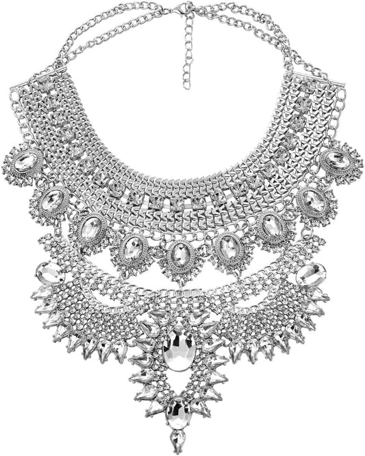Long Tassel Chunky Boho Coin Statement Necklace for Women Silver