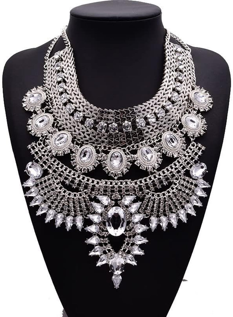 Long Tassel Chunky Boho Coin Statement Necklace for Women Silver