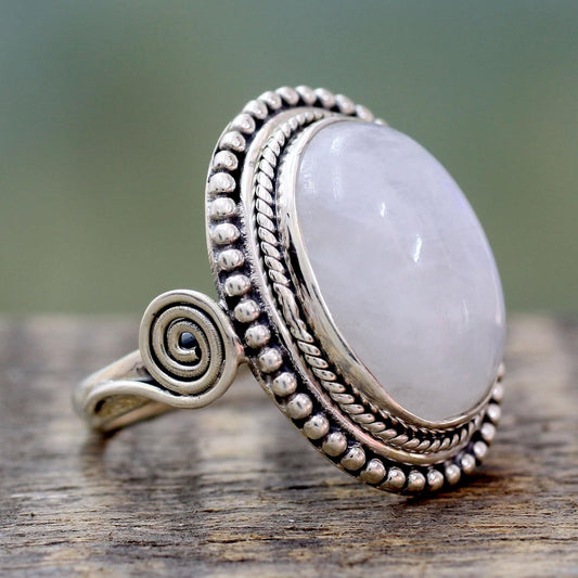 Artisan Handmade Rainbow Moonstone Cocktail Ring India .925 Sterling Silver with White Clear 'Rainbow Glow'