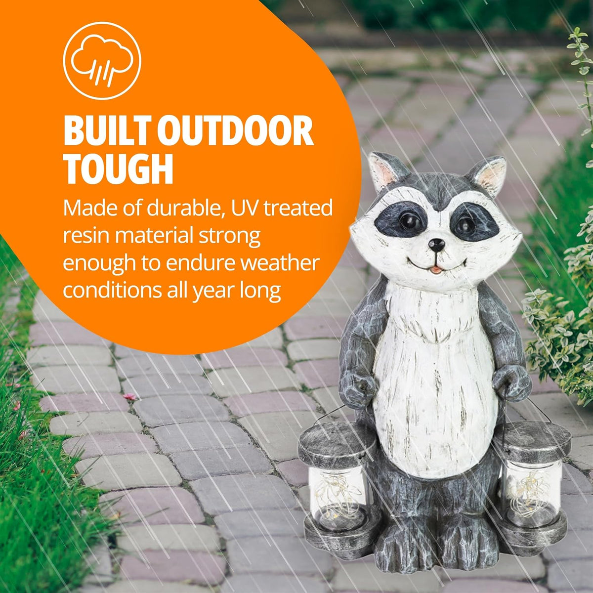 Garden Sculpture, Raccoon Solar Garden Statue with 2 Jars, 16 LED Firefly Lights, Outdoor Garden Decoration, 7.5 X 9 X 10.5 Inch