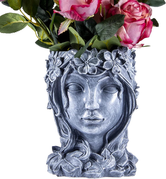 Goddess Face Planter - Resin Flower Pot with Drainage Hole - Head Vase for Indoor and Outdoor Decoration - Succulent Pot Gift for Women (Grey)