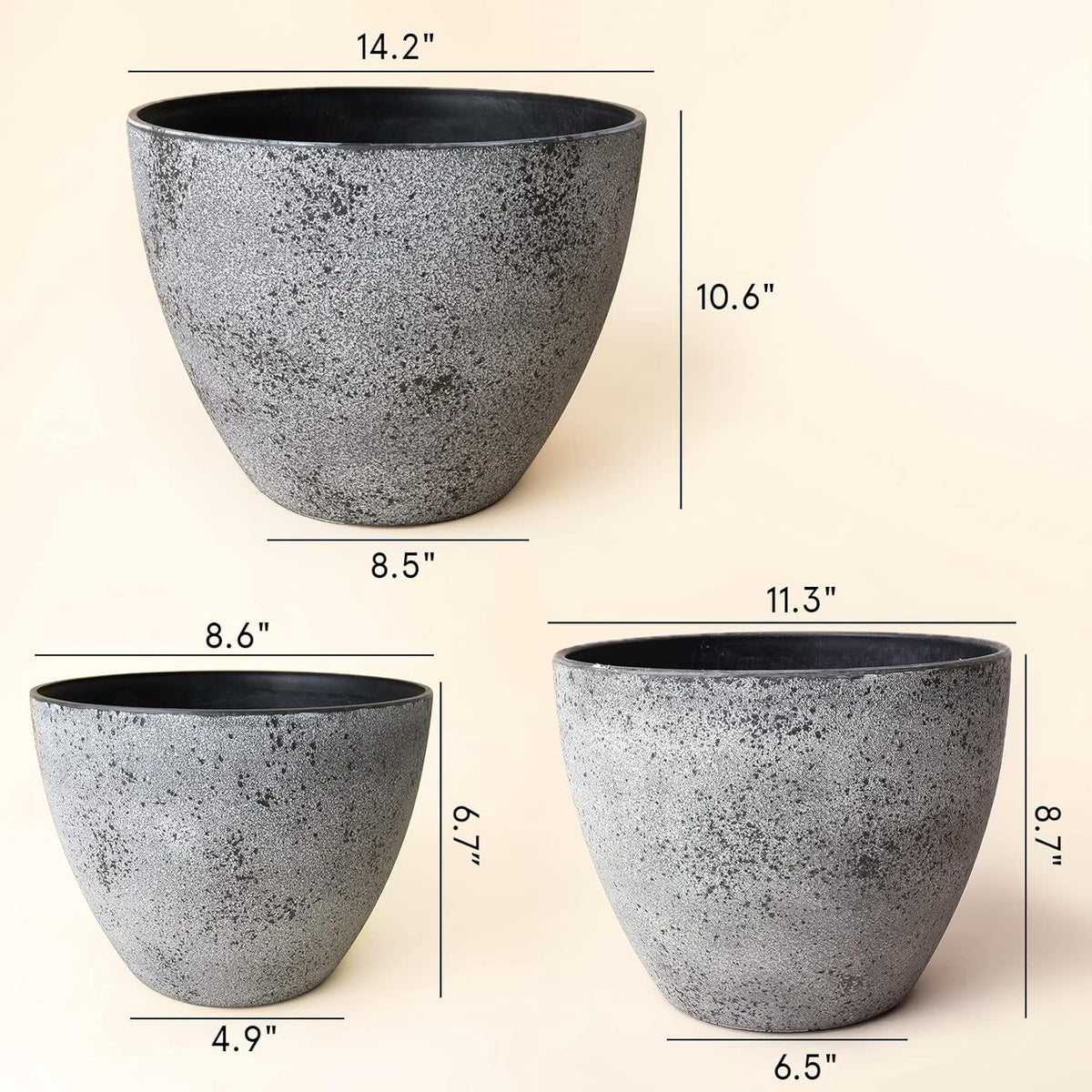 14.2/11.3/8.6 Inch Planters,Set of 3 Indoor/Outdoor round Planters,Grey Tree Planters,Plant Container with Drain Holes,Flower Pots for Patio and Deck