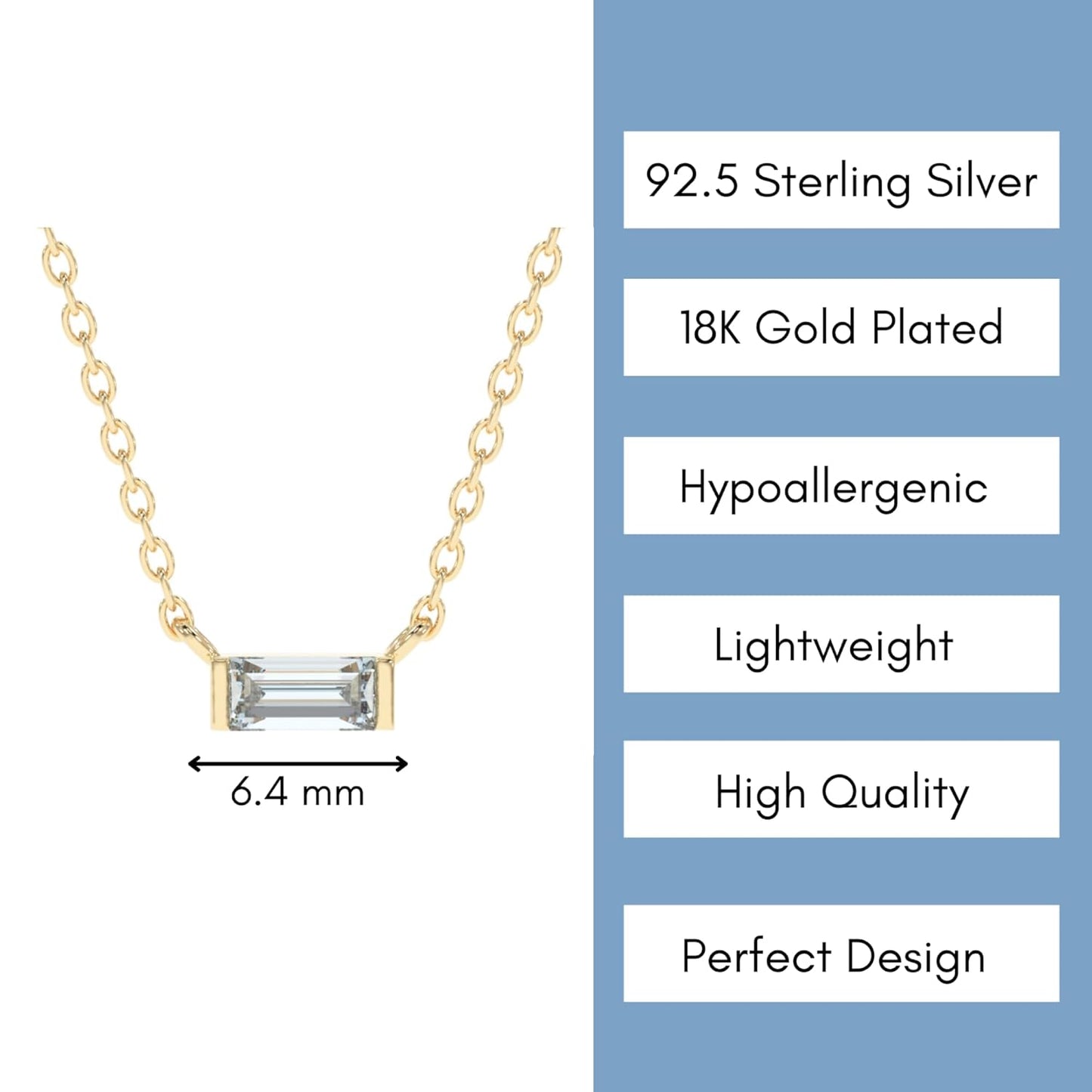 Aquamarine Necklace for Women, Premium Gold Minimalist Rectangle Necklaces - Tarnish Free 18K Gold Plated Certified S925 Statement Necklace Gold Jewelry for Women - Mothers Day Gifts for Mom Wife