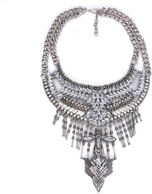 Long Tassel Chunky Boho Coin Statement Necklace for Women Silver