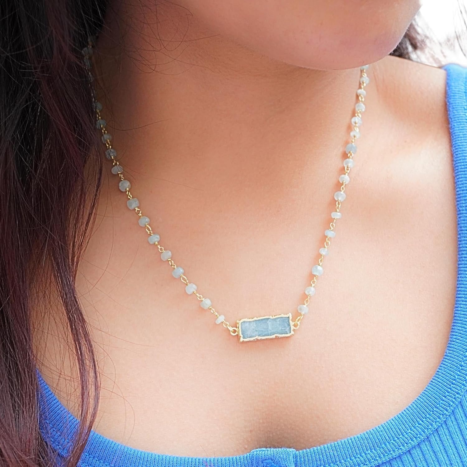 Aquamarine Necklace for Women, Rectangle Premium Gold Beaded Necklaces - Tarnish Free 18K Gold Plated Certified S925 Classic Statement Necklace Gold Jewelry for Women - Mothers Day Gifts for Mom Wife