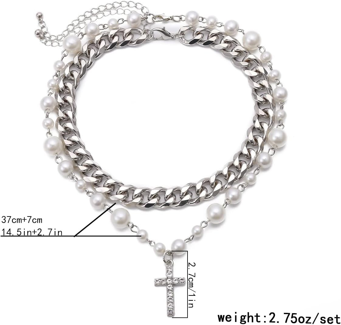 Pearl Cross Necklace for Women Silver Layered Crystal Cross Pendant Punk Chain Choker Necklace Dainty Jewelry