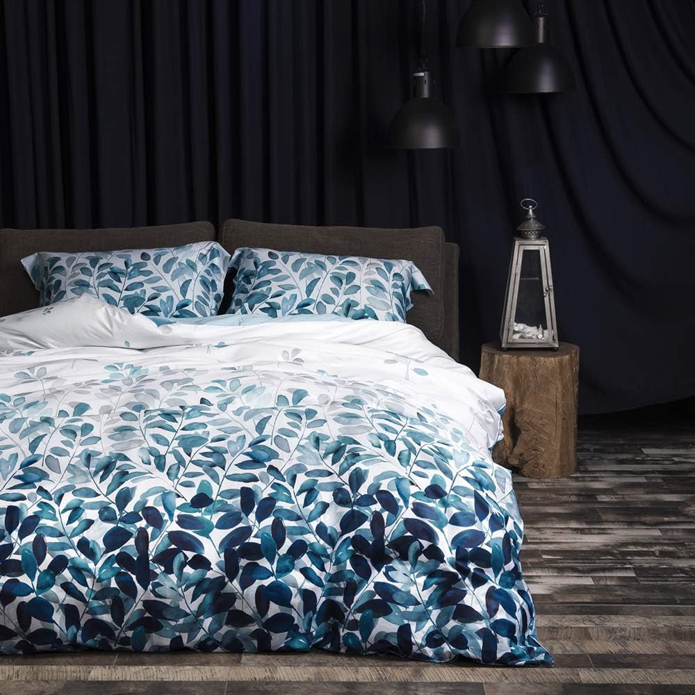 100% Long Staple Cotton Duvet Cover Set Gradient Blue Leaves Printed Comforter Cover Set Farmhouse Plant Comforter Cover Set