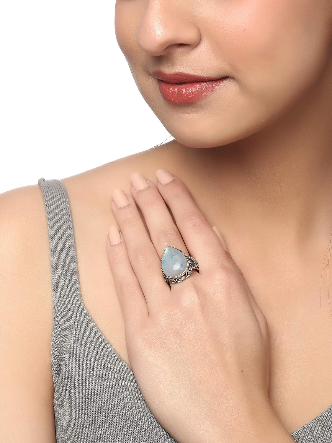 Rainbow Moonstone Ring Solid 925 Sterling Silver Jewelry