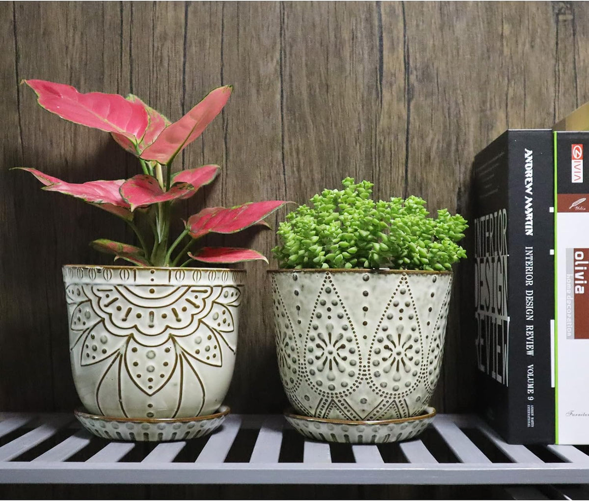 6 Inch Beaded Ceramic Planter Set of 2 with Drainage Hole and Saucer for Plants, Indoor-Outdoor Large round Succulent Orchid Flower Pot (Smoked Gray, Inner-Pots Not Larger than 5 Inch)
