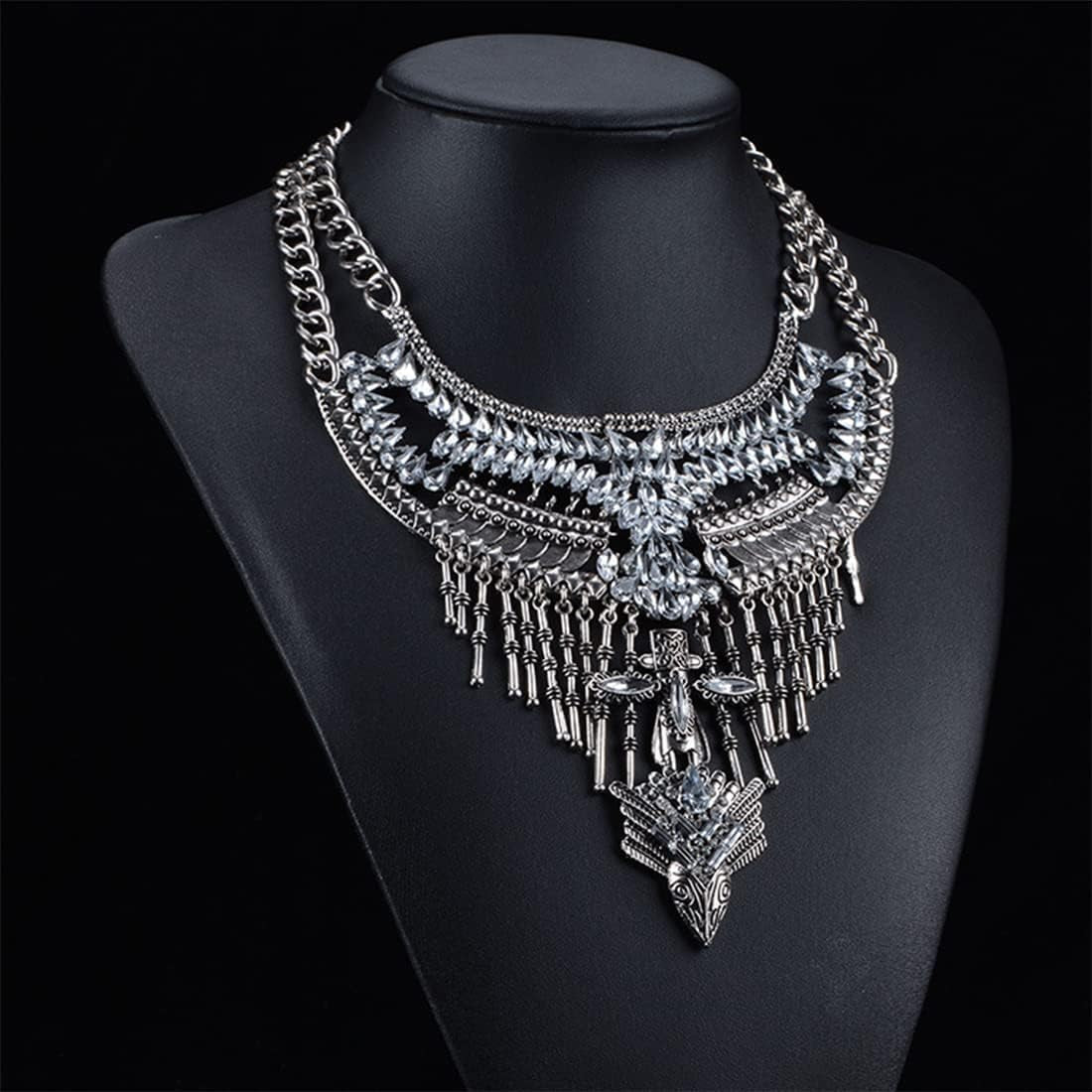 Long Tassel Chunky Boho Coin Statement Necklace for Women Silver