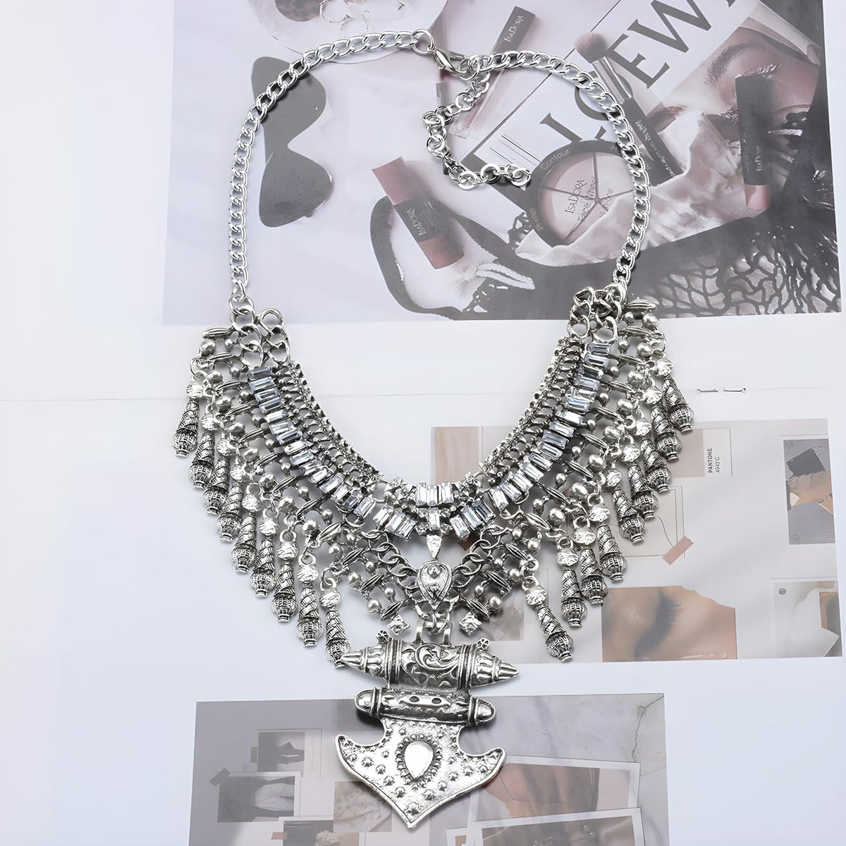 Long Tassel Chunky Boho Coin Statement Necklace for Women Silver