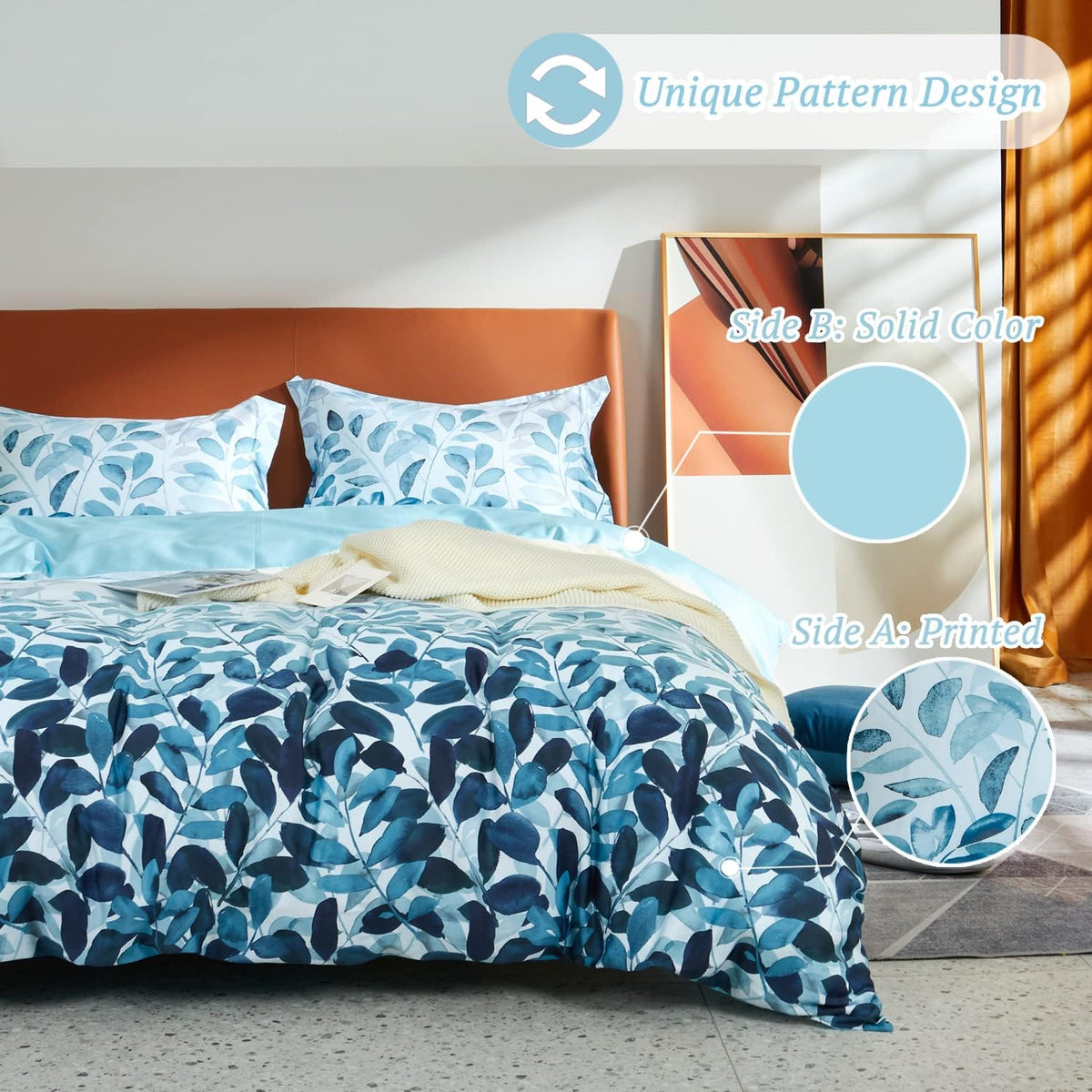100% Long Staple Cotton Duvet Cover Set Gradient Blue Leaves Printed Comforter Cover Set Farmhouse Plant Comforter Cover Set