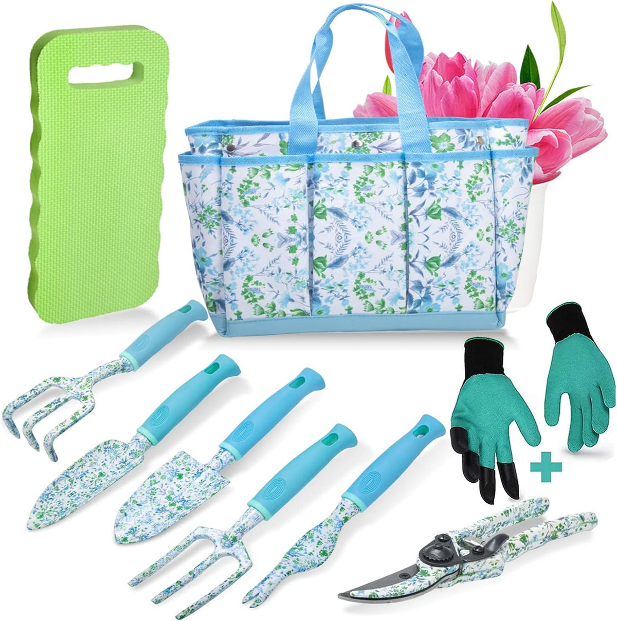 Garden Tool Set 9 Piece Aluminum Alloy Gardening Hand Tools Kit Gift for Women & Parent Gardening Supplies with Gloves,Tote,Kneeling Pad,Hand Pruner,Trowel,Hand Rake,Weeder,Fork,Transplanter
