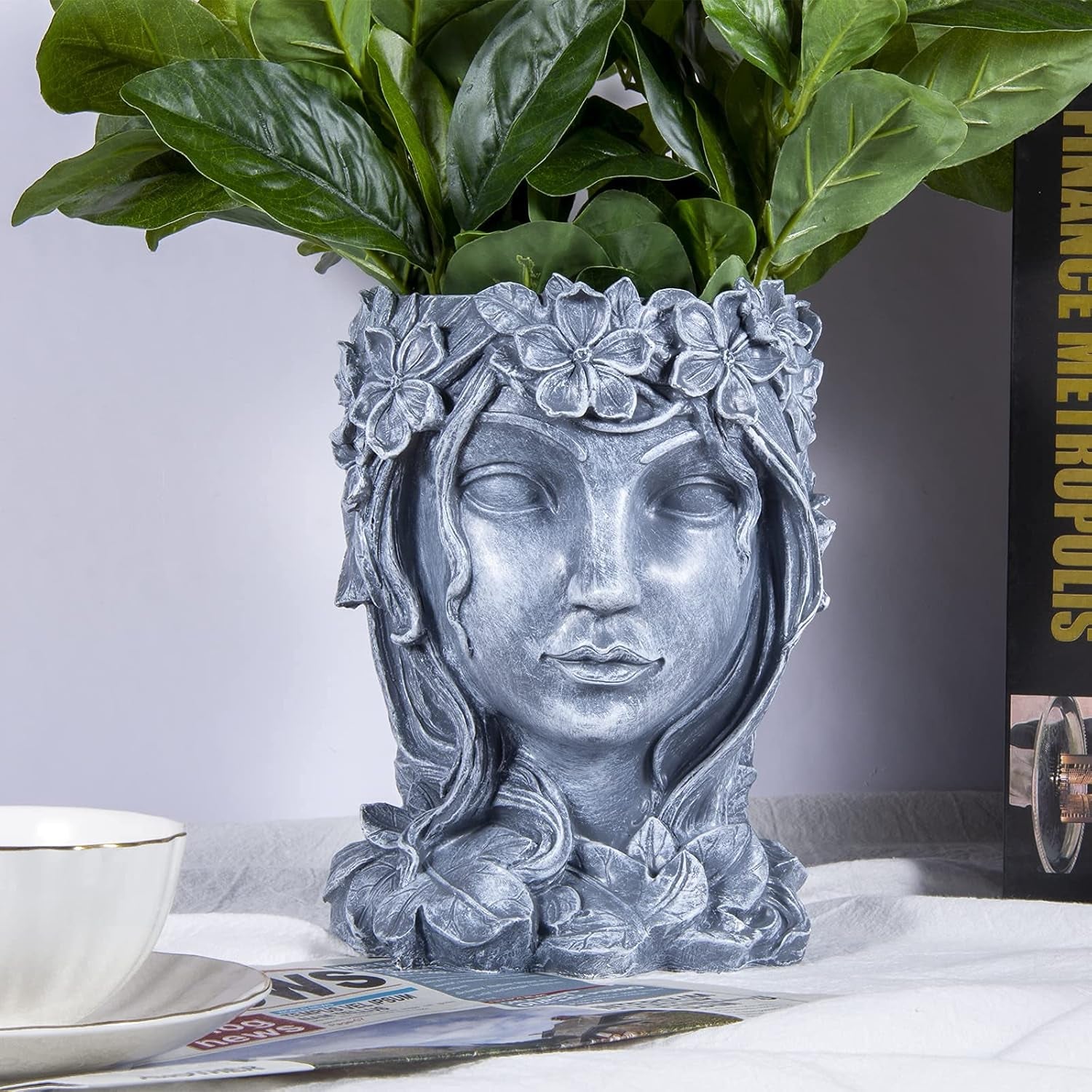 Goddess Face Planter - Resin Flower Pot with Drainage Hole - Head Vase for Indoor and Outdoor Decoration - Succulent Pot Gift for Women (Grey)