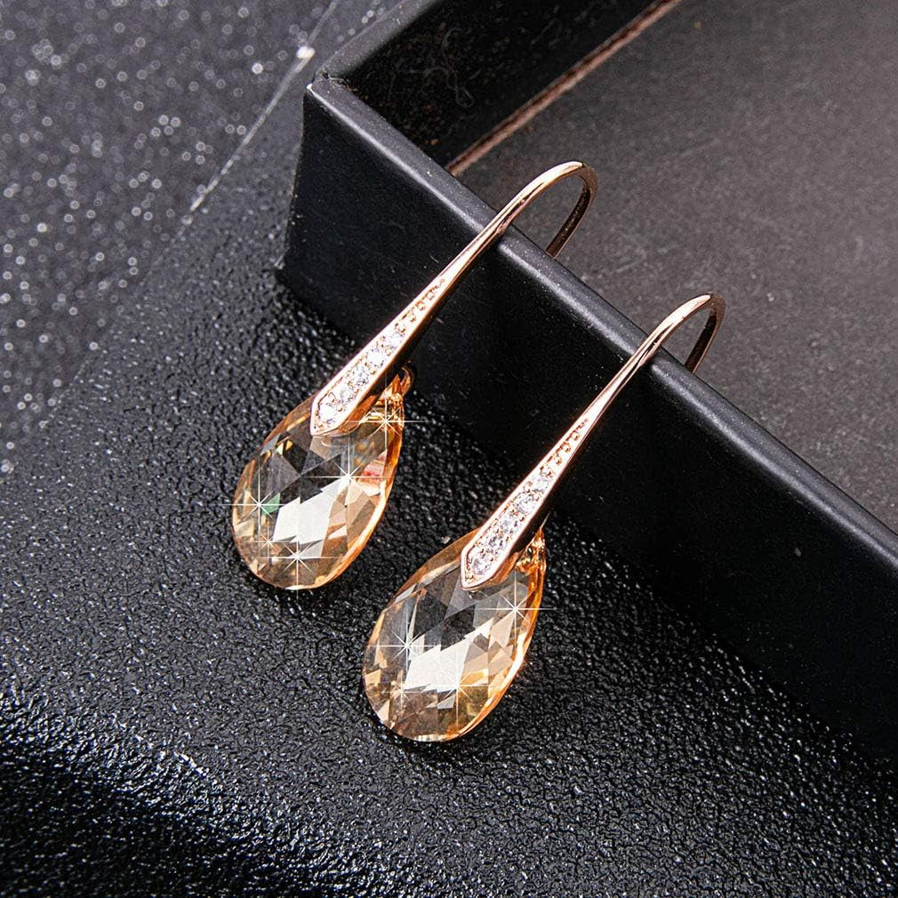 Austrian Crystal Teardrop Dangle Earrings for Women Drop Hook Earring 14K Rose Gold Plated Hypoallergenic Jewelry