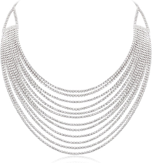 Multi Layered Choker Collar Necklace, Glitter Rhinestone Crystal Tassel Multi-Strand Fringe Chains Bib Statement Necklace Prom Jewelry for Women