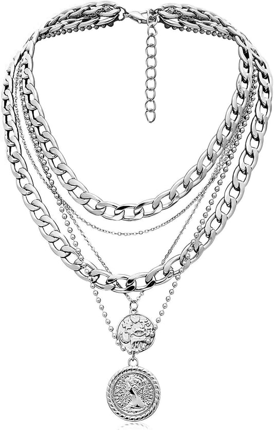 Layered Necklaces for Women Trendy Retro Coin Pendant Necklace Dainty Chunky Chain Choker Necklaces for Jewelry Birthday Gifts
