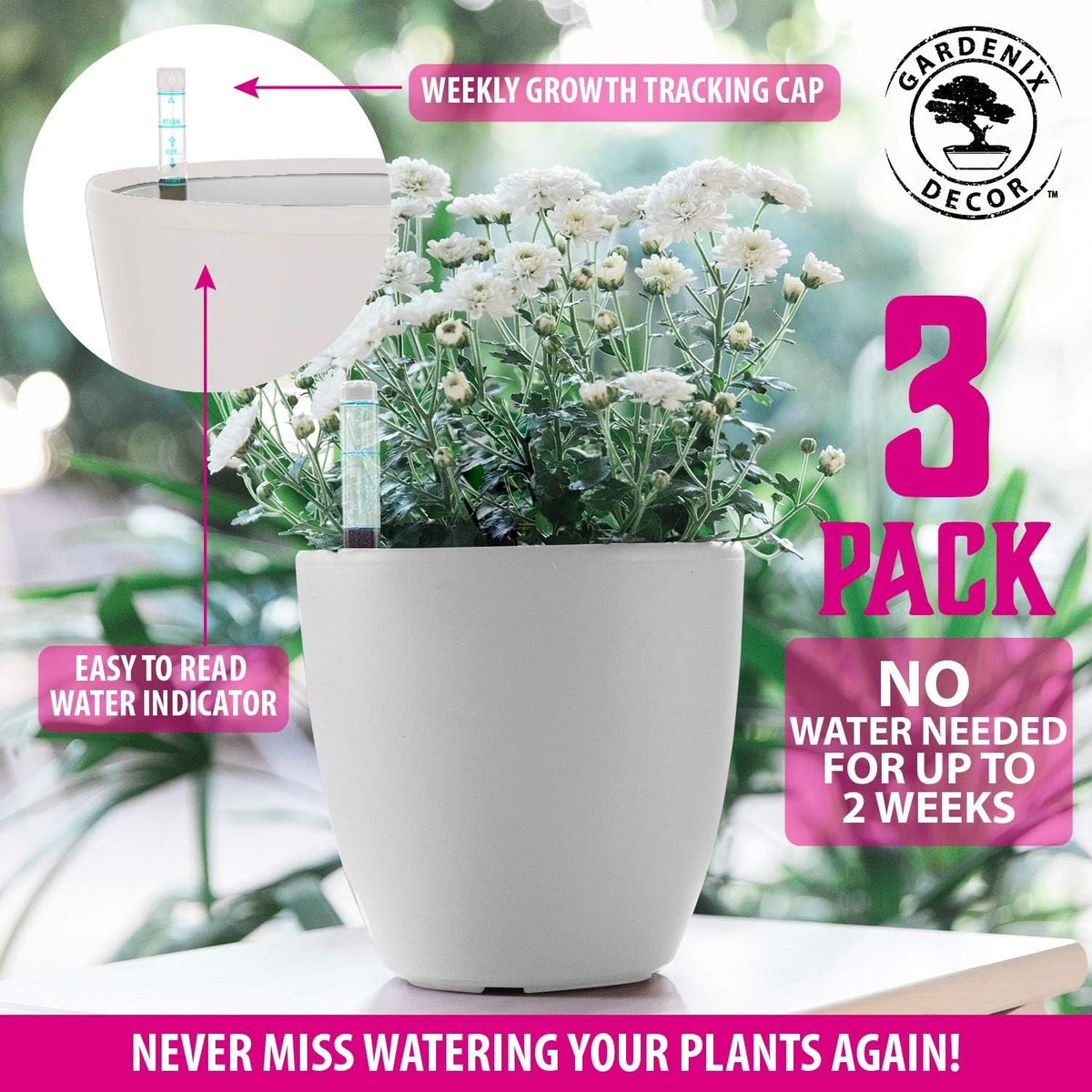 Self Watering Pots for Indoor Plants 3 Pack - Flower Pot with Water Level Indicator for Plants, Grow Tracking Tool - Self Watering Planter Plant Pot - Coco Coir - White