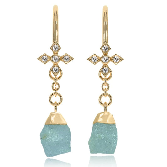 Aquamarine Earrings for Women Raw Stone Dangle Drop Shape - 18K Gold Plated, Certified 925 Sterling Silver Earring - Hypoallergenic Gold Jewelry for Women, Mothers Day Gifts, Birthday Gifts for Women