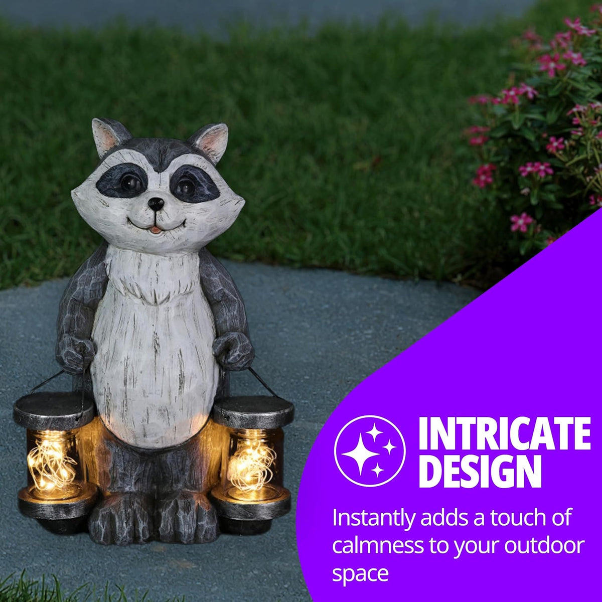 Garden Sculpture, Raccoon Solar Garden Statue with 2 Jars, 16 LED Firefly Lights, Outdoor Garden Decoration, 7.5 X 9 X 10.5 Inch