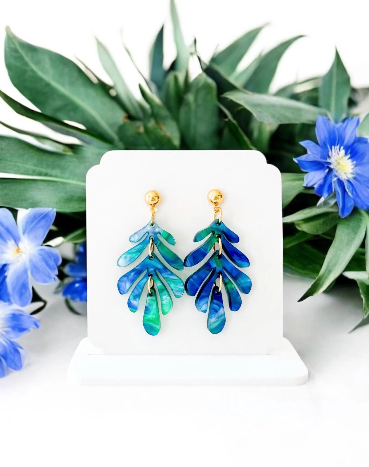 Turquoise Pearl Hinged Leaf Earrings | Ocean Blue Green Stacked Leaf Tropical Earrings | Blue Green Acrylic Summer Earrings