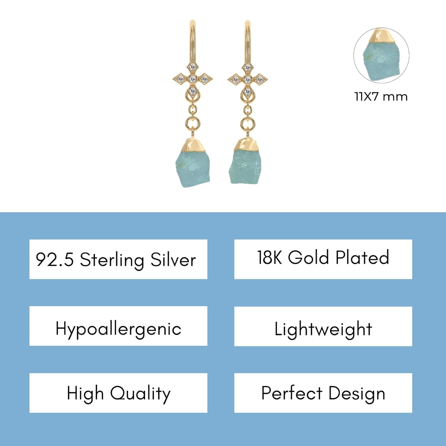 Aquamarine Earrings for Women Raw Stone Dangle Drop Shape - 18K Gold Plated, Certified 925 Sterling Silver Earring - Hypoallergenic Gold Jewelry for Women, Mothers Day Gifts, Birthday Gifts for Women