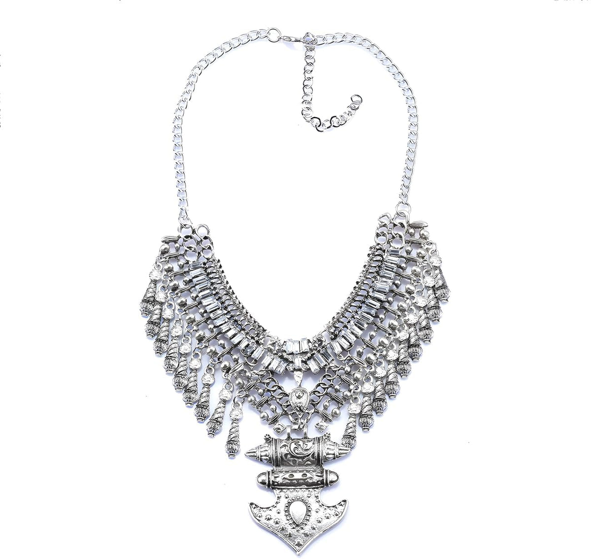 Long Tassel Chunky Boho Coin Statement Necklace for Women Silver