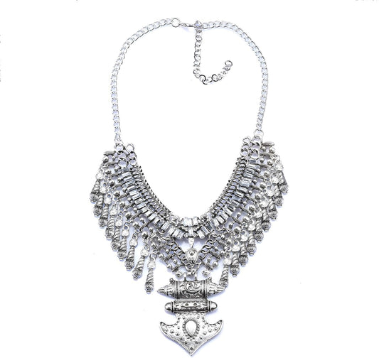 Long Tassel Chunky Boho Coin Statement Necklace for Women Silver