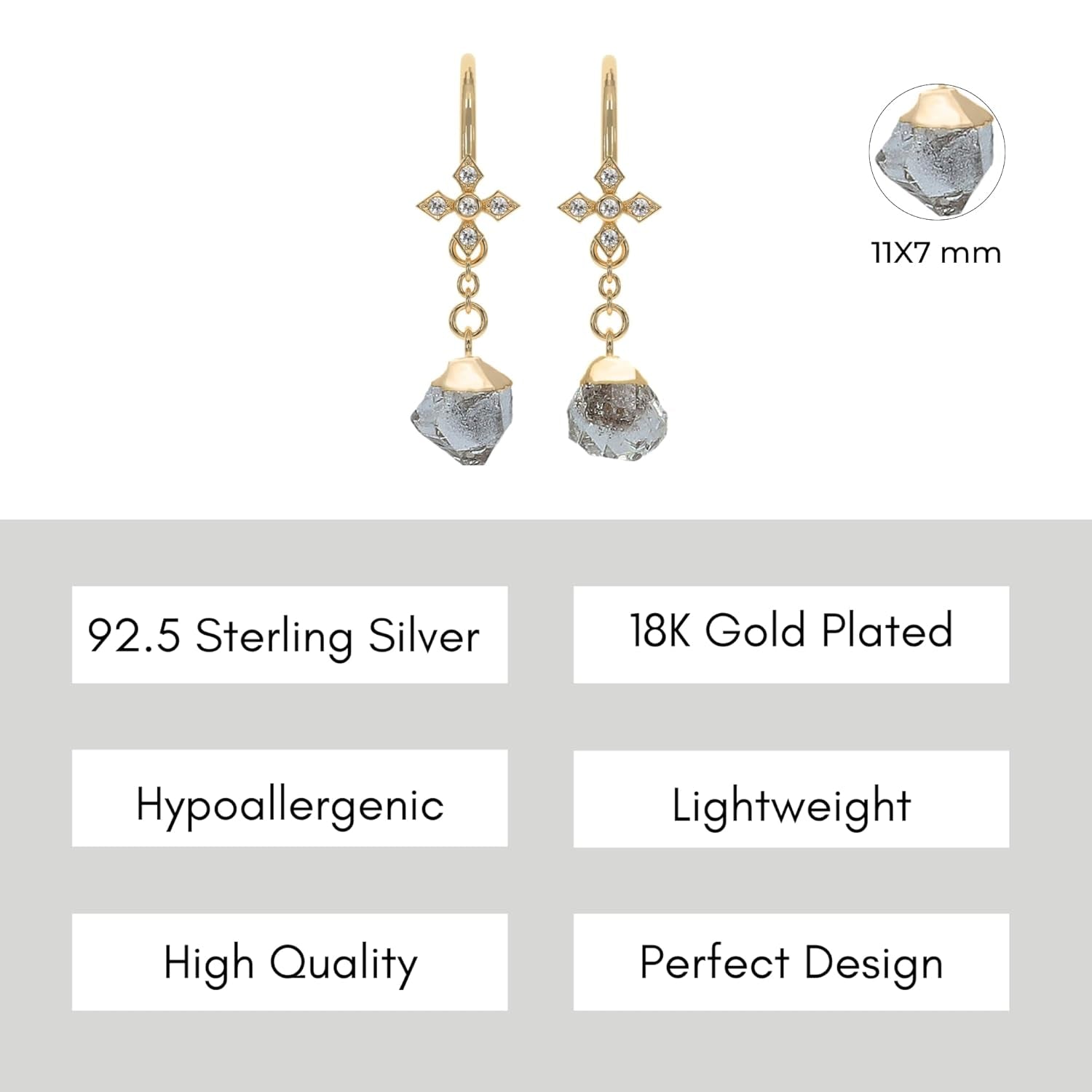 Clear Quartz Earrings for Women in Raw Stone Drop Shape - 18K Gold Plated, Certified 925 Sterling Silver Earring - Hypoallergenic Gold Jewelry for Women, Mothers Day Gifts, Birthday Gifts for Women