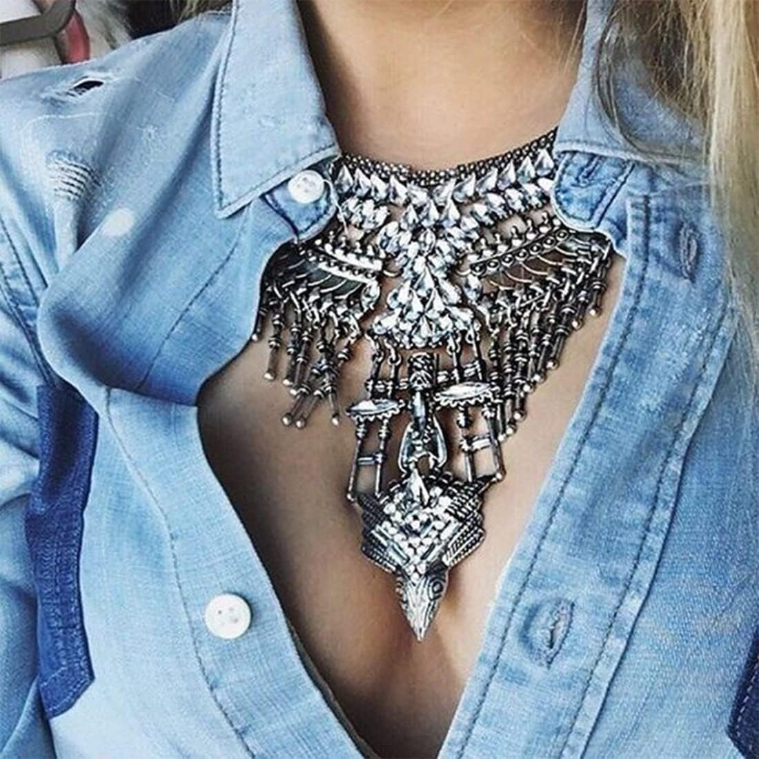 Long Tassel Chunky Boho Coin Statement Necklace for Women Silver