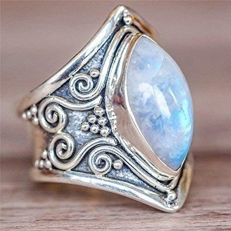 Vintage Silver Ring 925 Silver Natural Moonstone Women Jewelry Elegant Gemstone Wedding Ring(6)