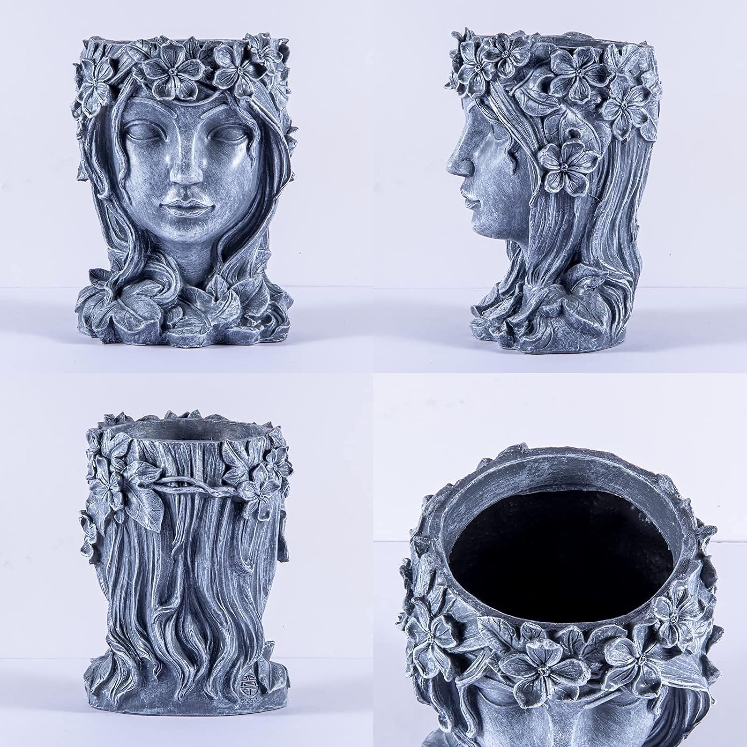 Goddess Face Planter - Resin Flower Pot with Drainage Hole - Head Vase for Indoor and Outdoor Decoration - Succulent Pot Gift for Women (Grey)