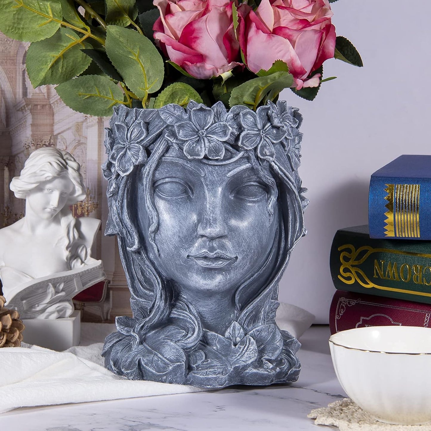 Goddess Face Planter - Resin Flower Pot with Drainage Hole - Head Vase for Indoor and Outdoor Decoration - Succulent Pot Gift for Women (Grey)