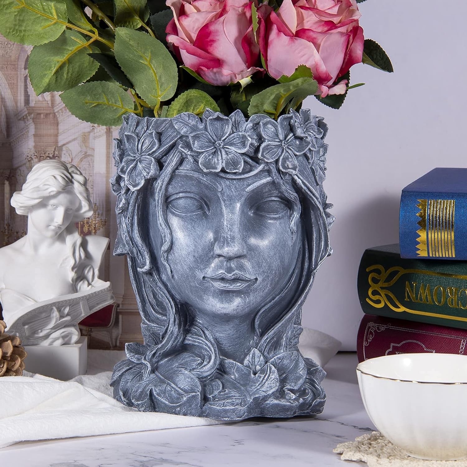 Goddess Face Planter - Resin Flower Pot with Drainage Hole - Head Vase for Indoor and Outdoor Decoration - Succulent Pot Gift for Women (Grey)