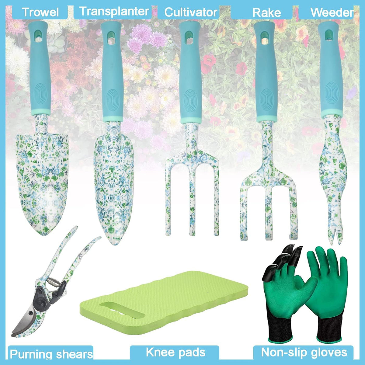 Garden Tool Set 9 Piece Aluminum Alloy Gardening Hand Tools Kit Gift for Women & Parent Gardening Supplies with Gloves,Tote,Kneeling Pad,Hand Pruner,Trowel,Hand Rake,Weeder,Fork,Transplanter