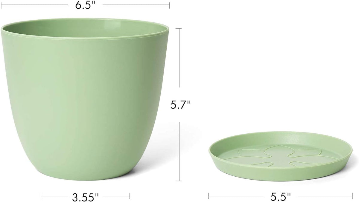 6.5" Plastic Plant Pots for Plants with Saucers, Indoor Set of 5 Plastic Planters Modern Flower Pot with Drainage Hole for All House Plants, Herbs, Flowers, and Seeding Nursery, Maccha