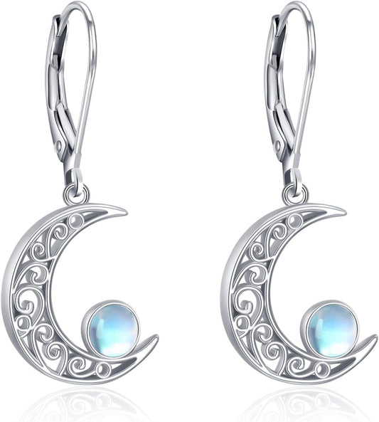 Celtic Moon Sterling Silver Moss Agate Star Earrings - Hypoallergenic Moon Jewelry Gifts for Women