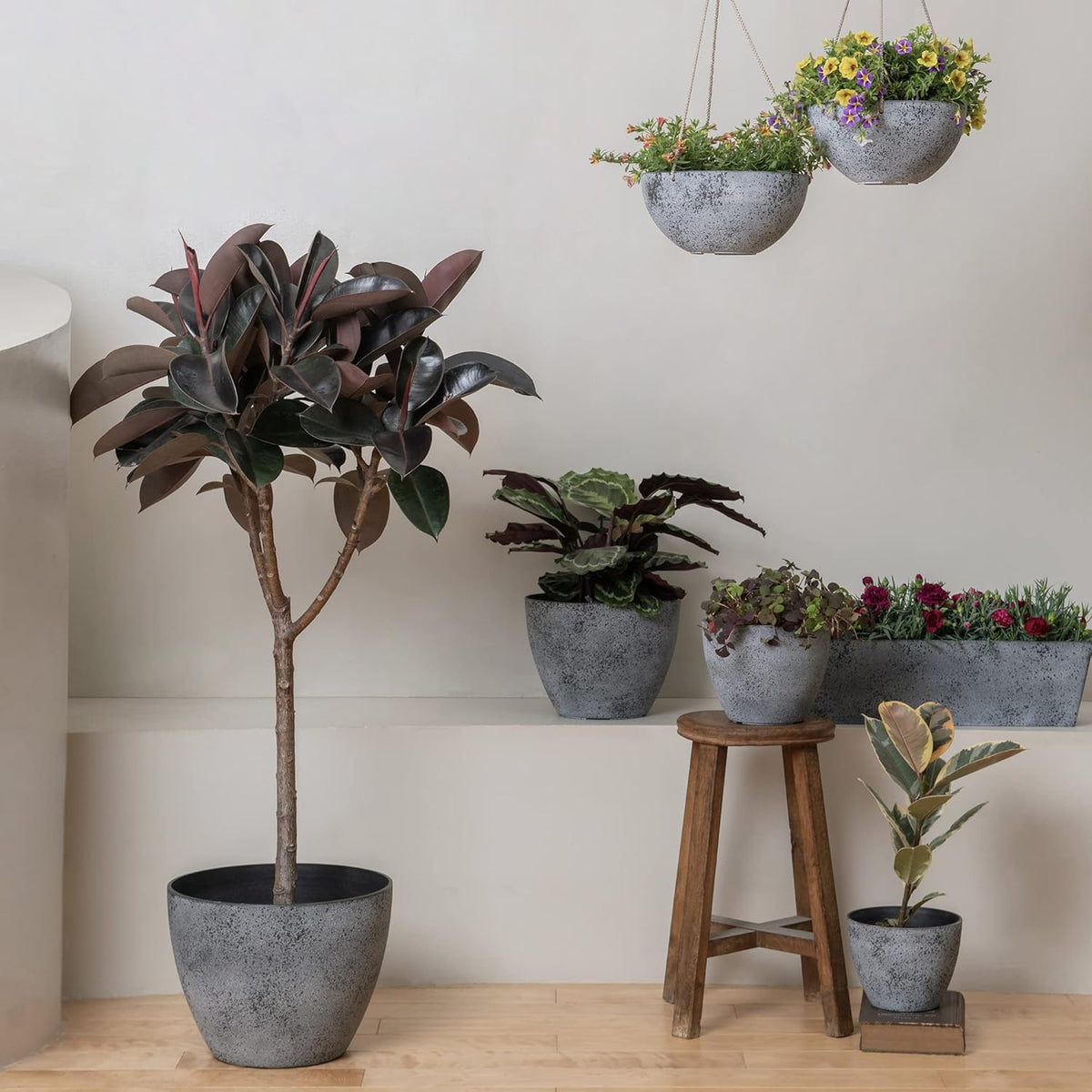 14.2/11.3/8.6 Inch Planters,Set of 3 Indoor/Outdoor round Planters,Grey Tree Planters,Plant Container with Drain Holes,Flower Pots for Patio and Deck