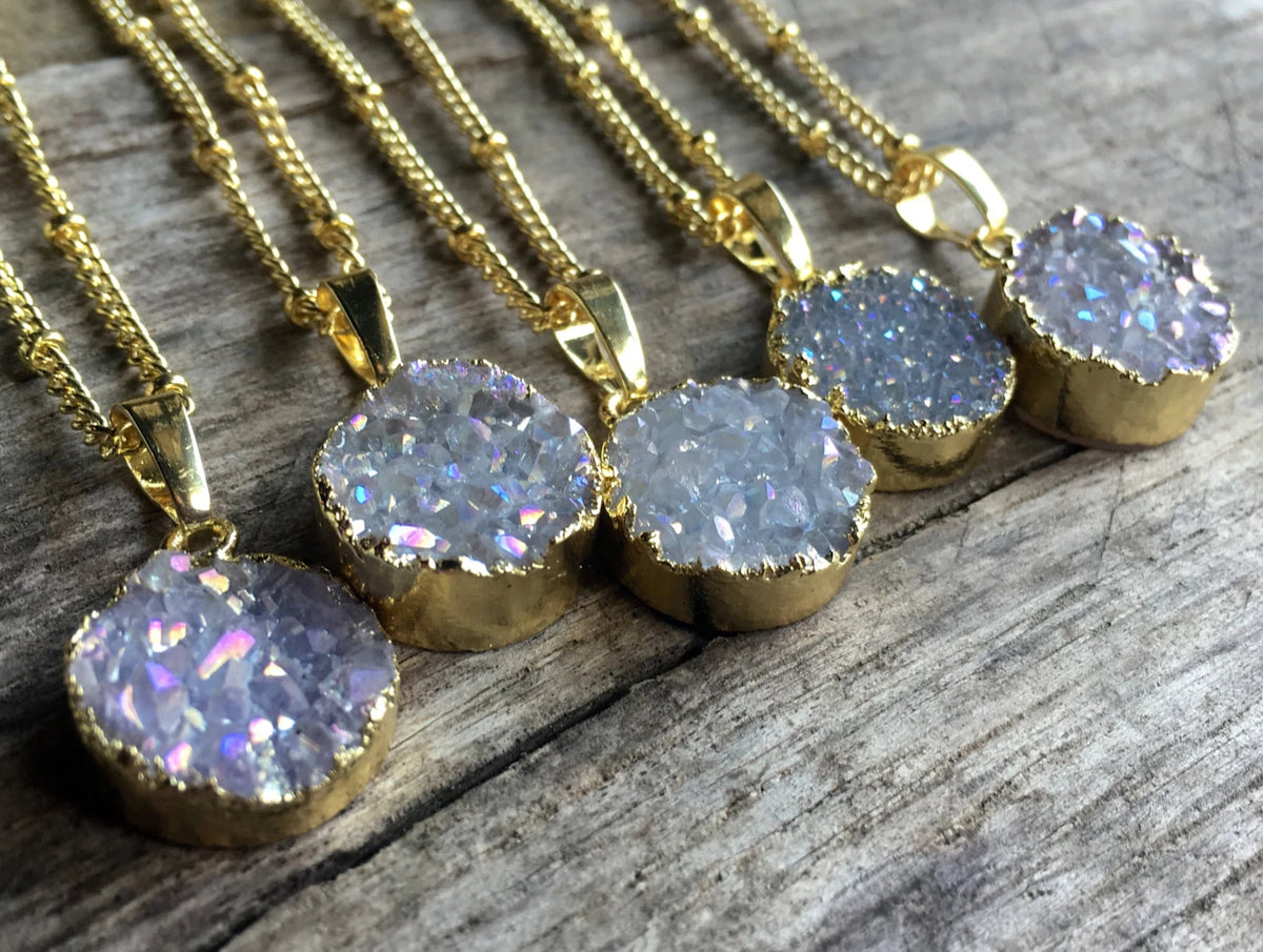 Raw Druzy Necklace Angel Aura Quartz Necklace Raw Druzy Jewelry for Women Druzy Crystal Jewelry Small Crystal Necklace Raw Stone Necklace