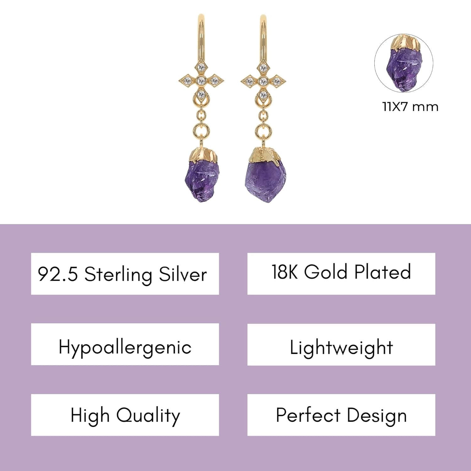 Amethyst Earrings for Women in Raw Stone Dangle Drop Shape - 18K Gold Plated, Certified 925 Sterling Silver Earring - Hypoallergenic Gold Jewelry for Women, Mothers Day Gifts, Birthday Gifts for Women