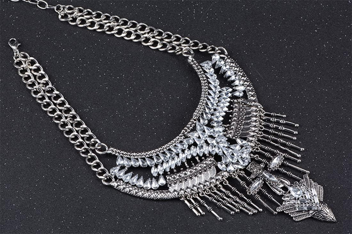 Long Tassel Chunky Boho Coin Statement Necklace for Women Silver