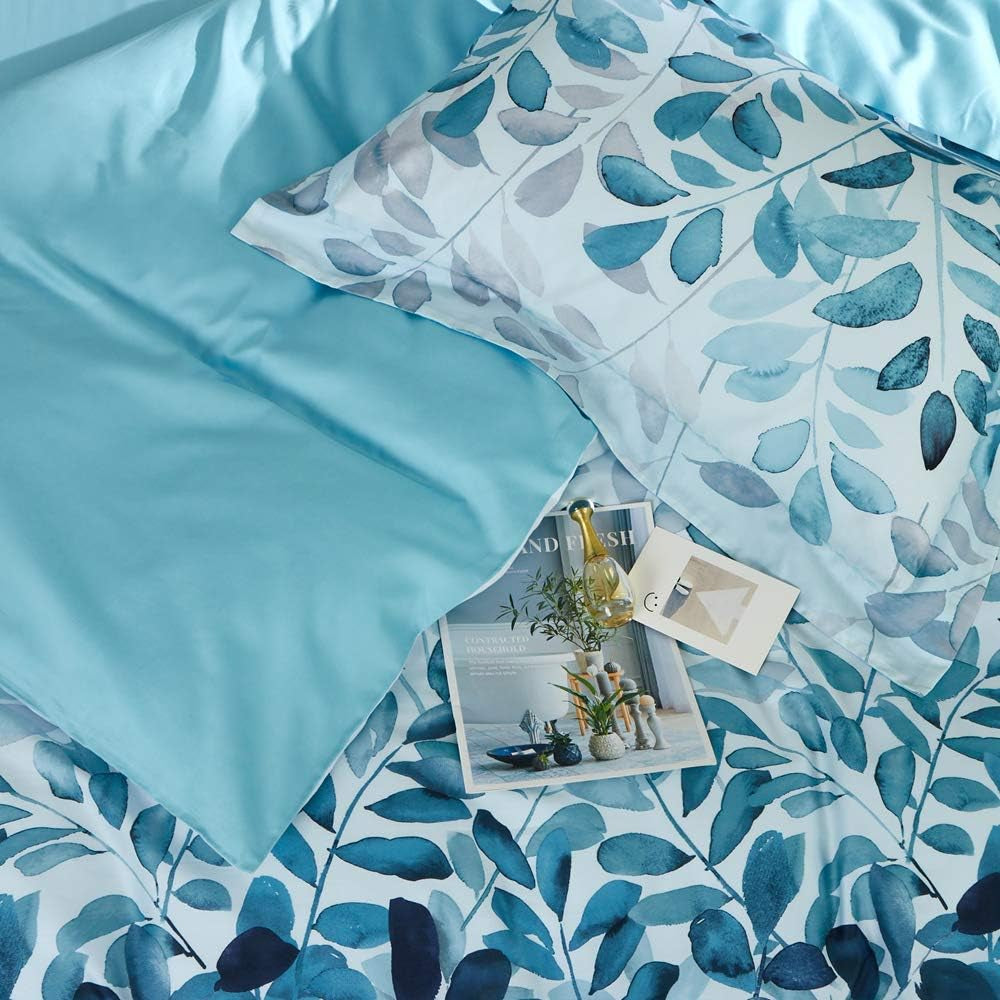 100% Long Staple Cotton Duvet Cover Set Gradient Blue Leaves Printed Comforter Cover Set Farmhouse Plant Comforter Cover Set