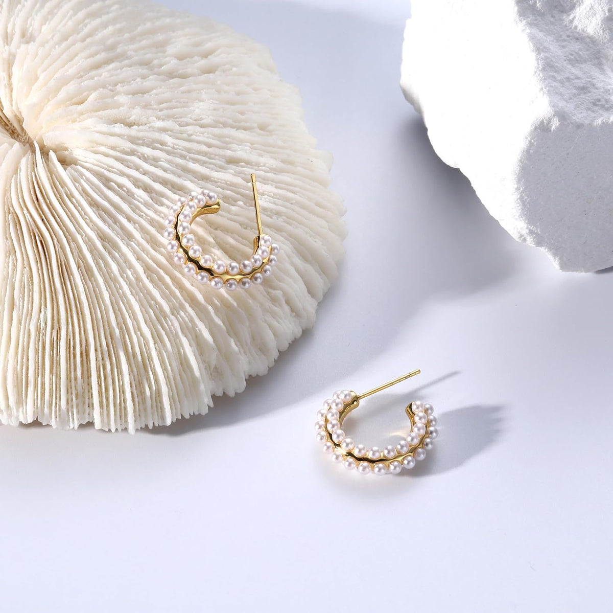 Pearl Hoop Earrings for Women, 14K Gold Plated Pearl Drop Earrings 925 Sterling Silver Gold Pearl Hoops Earrings Trendy Lightweight Hypoallergenic Pearl Earrings Jewelry