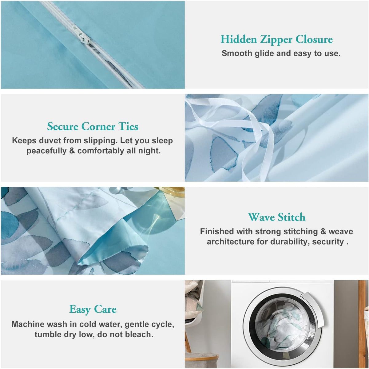 100% Long Staple Cotton Duvet Cover Set Gradient Blue Leaves Printed Comforter Cover Set Farmhouse Plant Comforter Cover Set