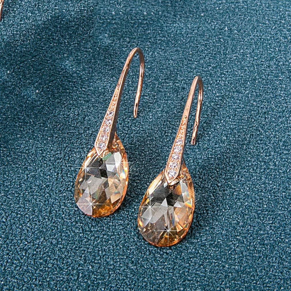 Austrian Crystal Teardrop Dangle Earrings for Women Drop Hook Earring 14K Rose Gold Plated Hypoallergenic Jewelry
