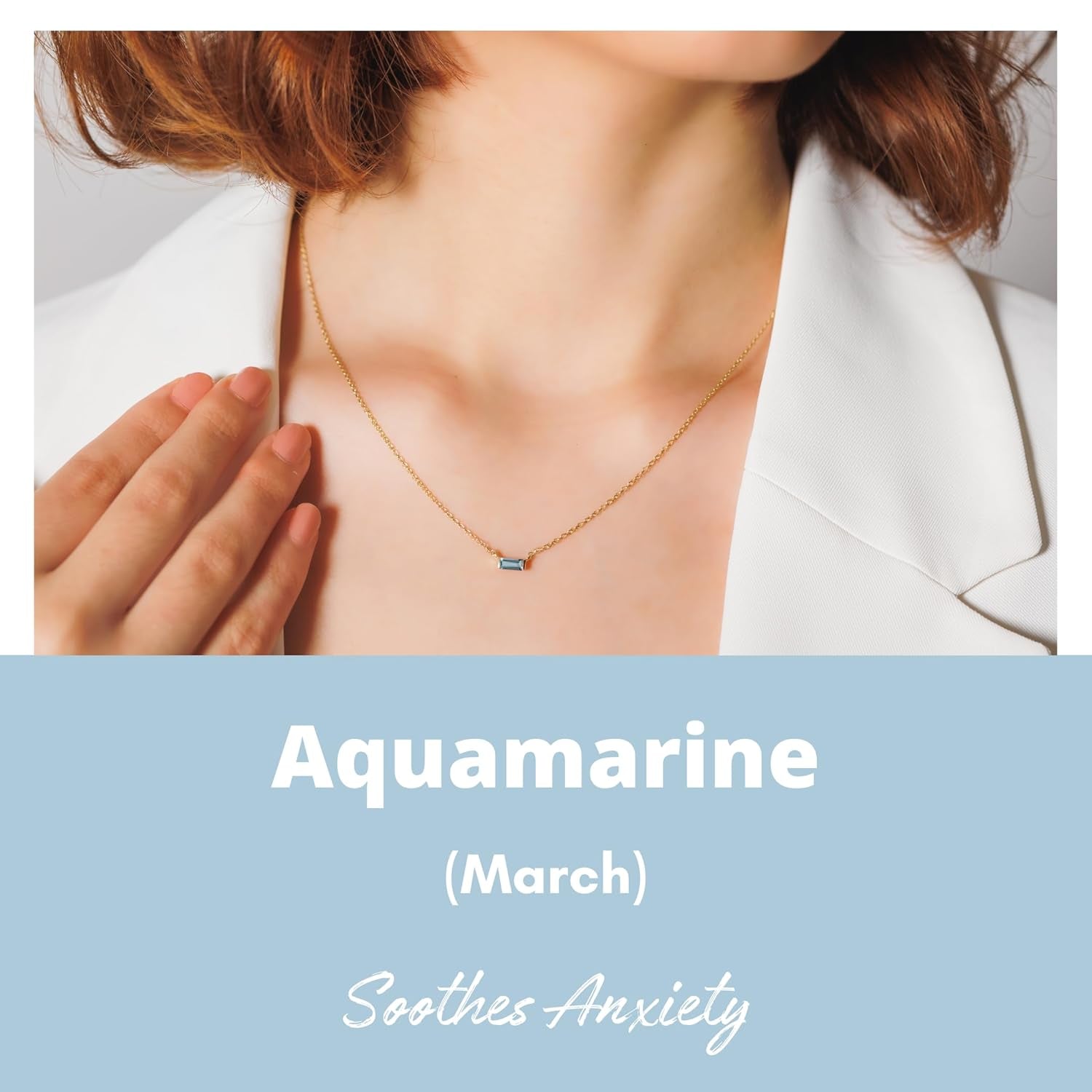 Aquamarine Necklace for Women, Premium Gold Minimalist Rectangle Necklaces - Tarnish Free 18K Gold Plated Certified S925 Statement Necklace Gold Jewelry for Women - Mothers Day Gifts for Mom Wife