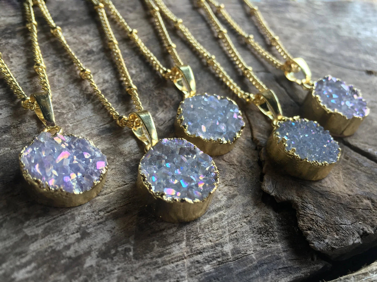 Raw Druzy Necklace Angel Aura Quartz Necklace Raw Druzy Jewelry for Women Druzy Crystal Jewelry Small Crystal Necklace Raw Stone Necklace